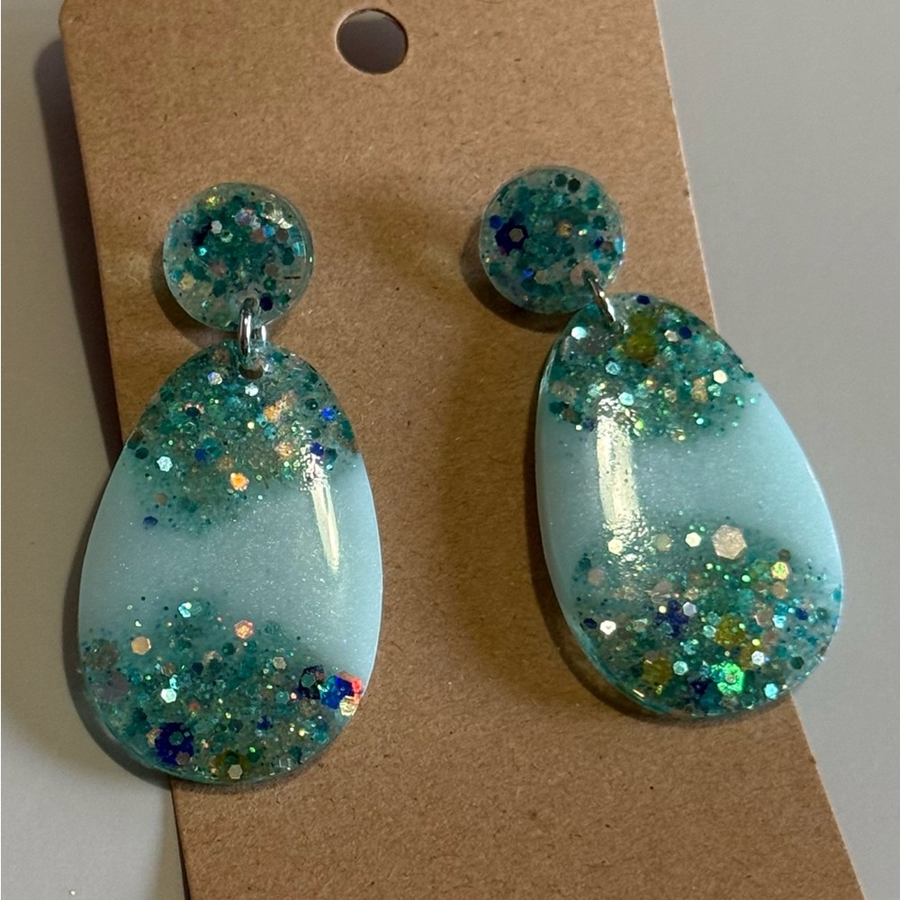 New Glittery Teal and Blue Dangle Earrings